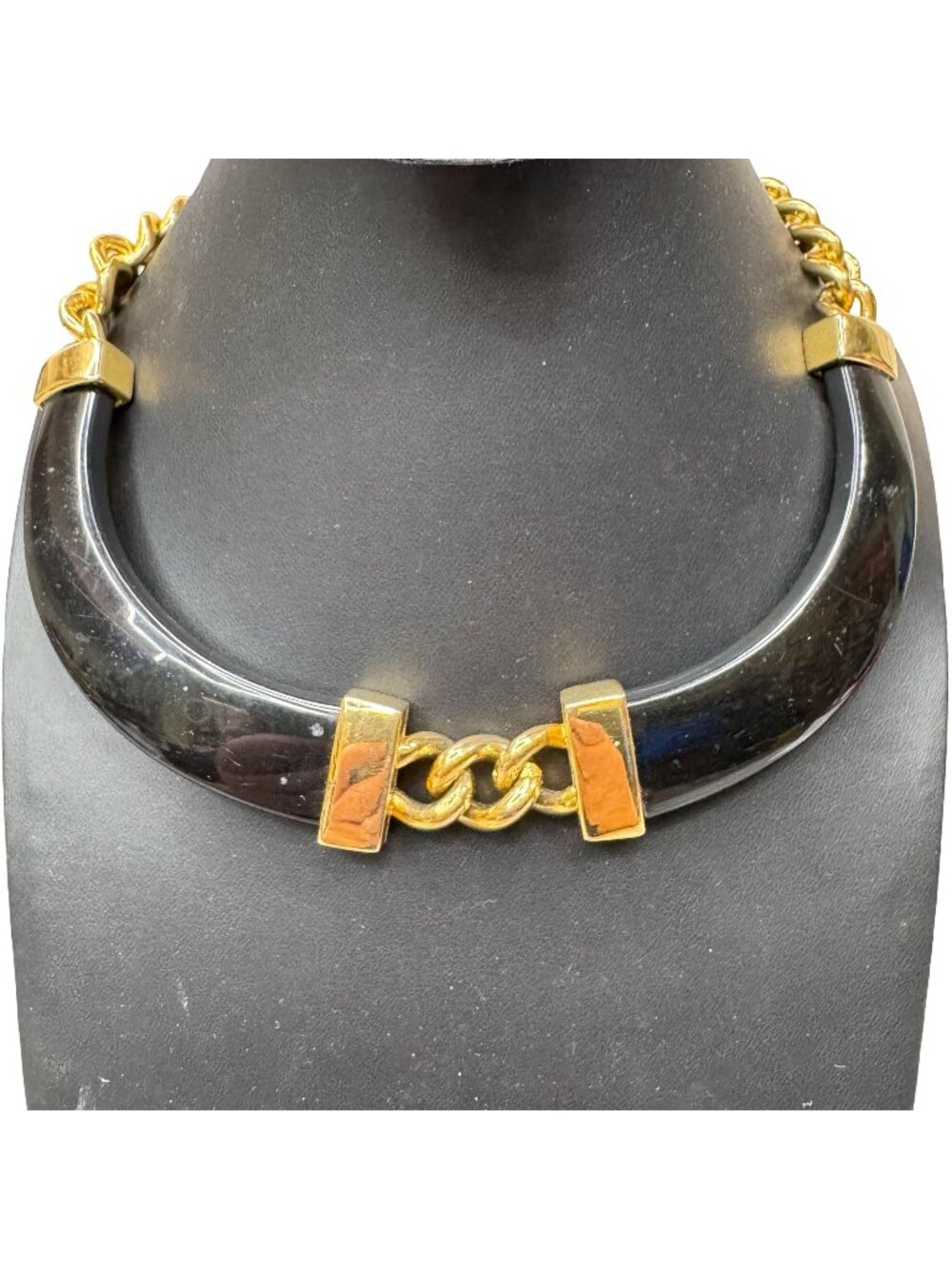 Vintage Signed Alexis Kirk Vintage Black Gold Chain Link Statement Necklace 15"
